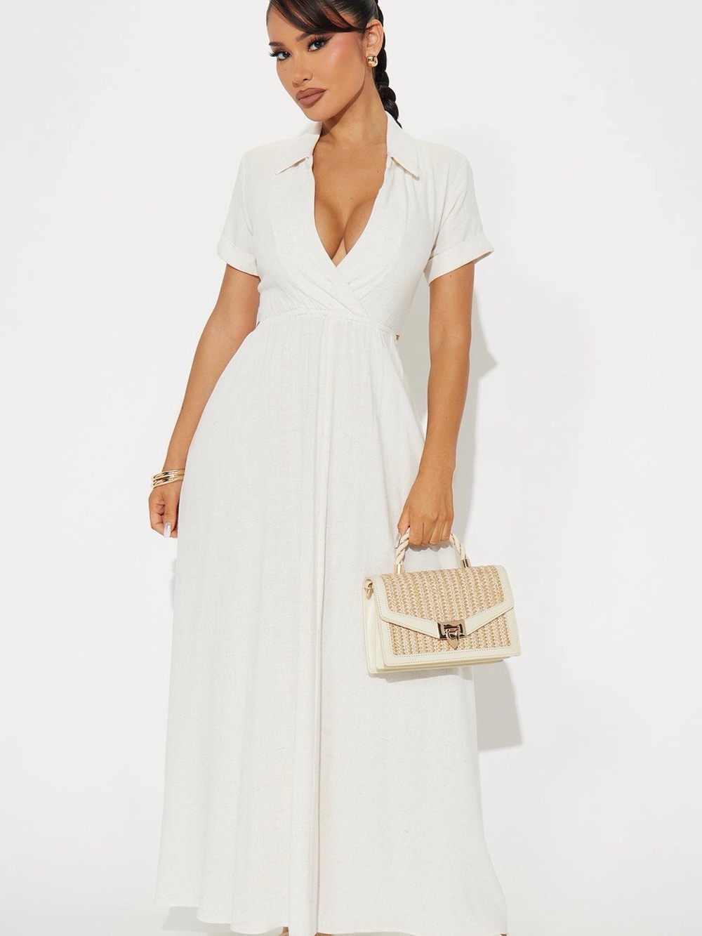 Fashion Nova Cream Wrap V-Neck Maxi Dress with Collar